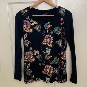 Loft Ann Taylor Blue Floral Long Sleeve Crew Neck Top XS